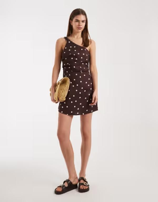 コットンオン レディース トップス ワンピース ドット柄 ドット ミニ リネン Cottone shoulder linen mini dress in dark oak polka dot DARK
