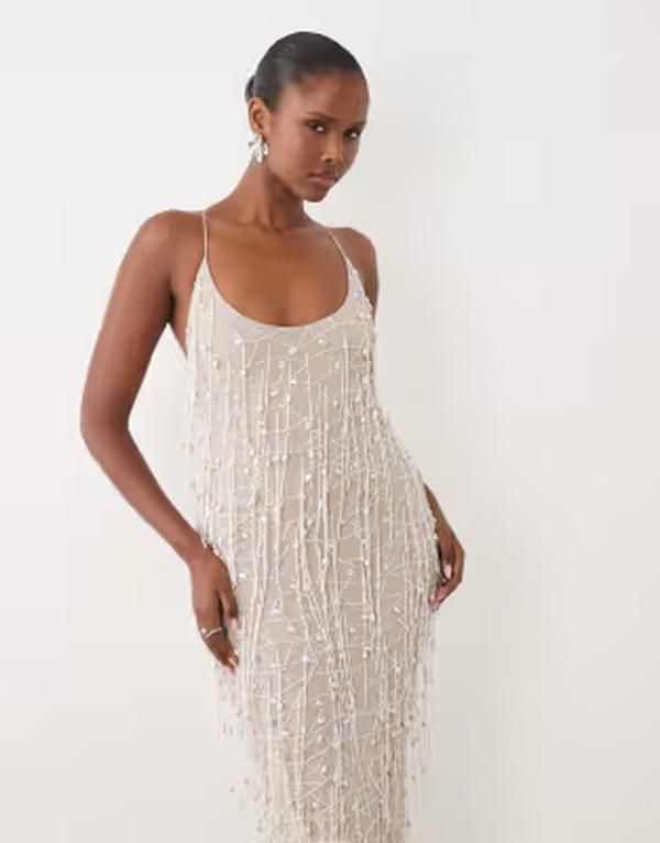 エイソス レディース トップス ワンピース フリンジ ASOS DESIGN fauxpearl tassel fringe midaxi dress in pale Gray グレー