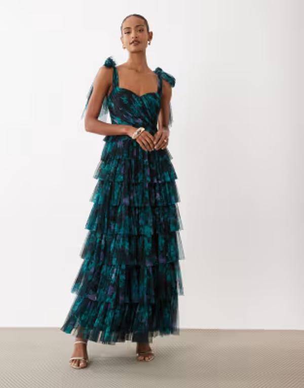 レース アンド ビーズ レディース トップス ワンピース チュール フラワー柄 マキシ フラワー Lace Beads Bridesmaid bow shoulders tulle maxi dres