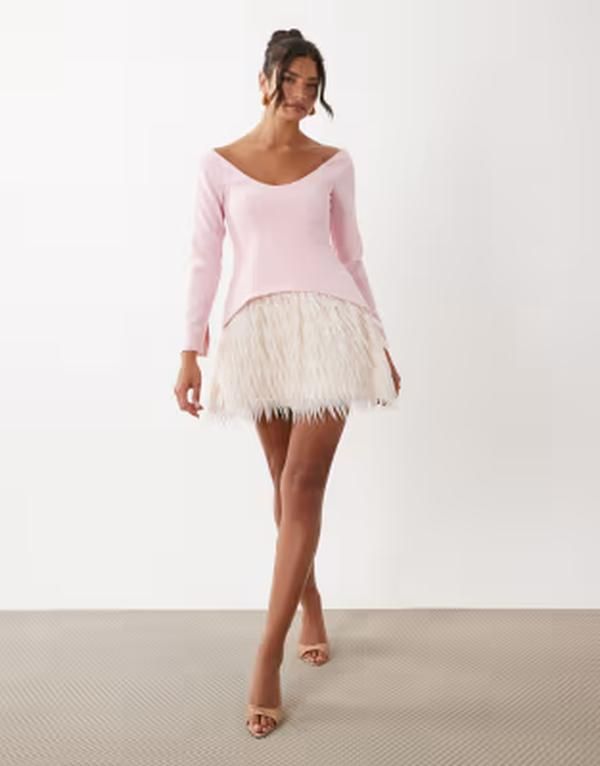 エイソス レディース トップス ワンピース ミニ スカート フリンジ ASOS LUXE structu red long sleeve mini dress with fringe skirt PI