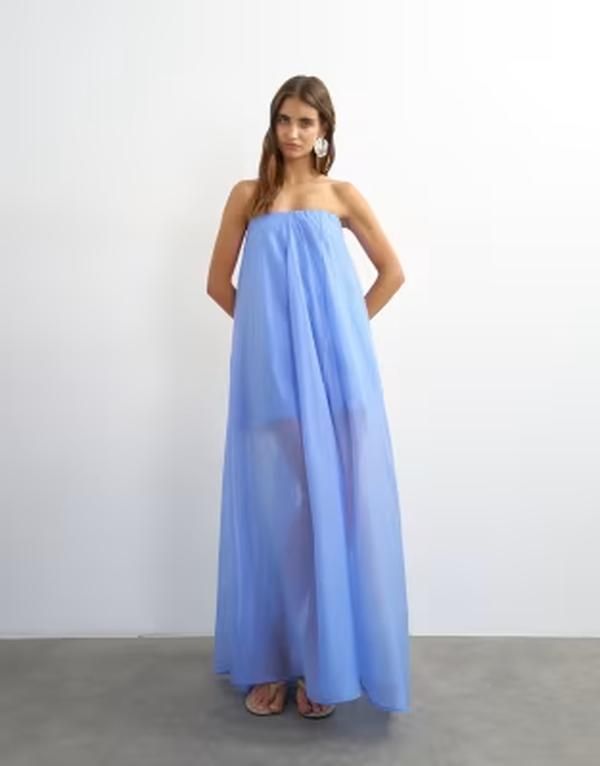 トップショップ レディース トップス ワンピース マキシ Topshop organza laye red bandeau maxi dress in cornflower blue ブルー