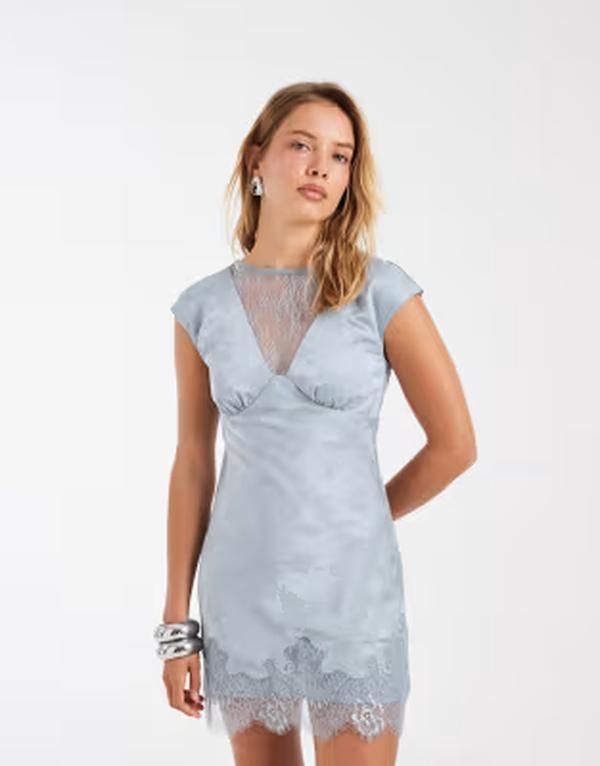 キスザスカイ レディース トップス ワンピース Vネック ミニ レース Kiss the Sky vneck lace jacquard mini dress aura BLUE AURA ブルー