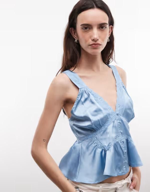 リクレイム ヴィンテージ レディース トップス シャツ Reclaimed Vintage dressy top with pintucks and buttons in dusty BLUE ブルー