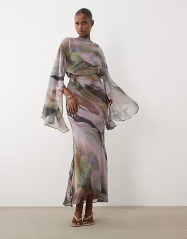 エイソス レディース トップス ワンピース ケープデザイン ドレープリント キャップ ケープ ASOS DESIGN kimono sleeve cape detail draped midaxi d
