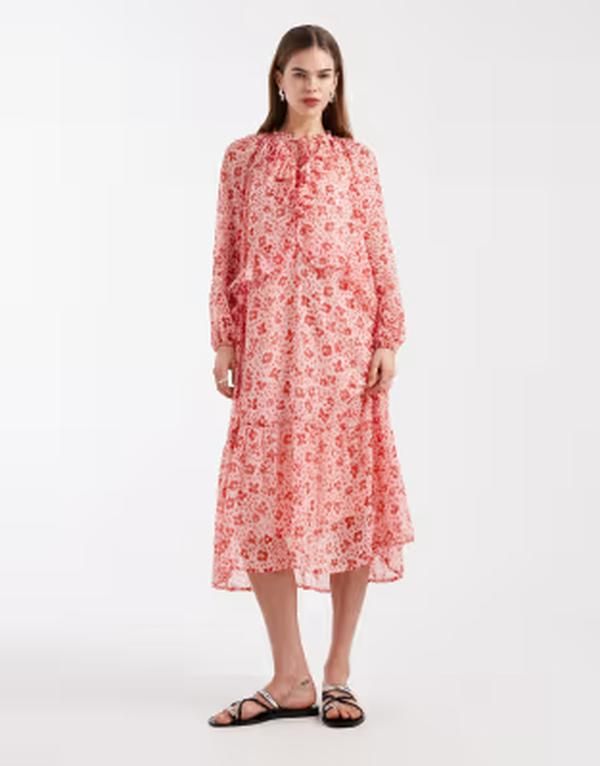 ウェンズデーガール レディース トップス ワンピース シフォン フラワー柄 フラワー Wednesdays Girl chiffon frill detail midaxi dress red flo