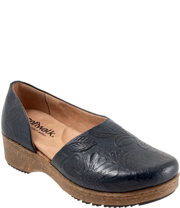 ソフトウォーク レディース シューズ サンダル フラワー柄 レザー フラワー SoftWalk Addie Floral Embossed Leather Open Side Clogs Navy F