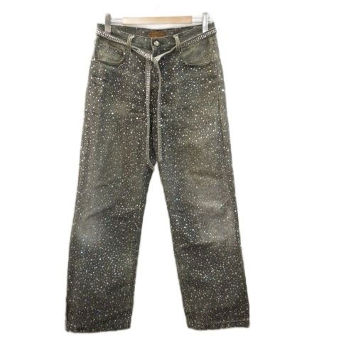 BIRTH OF ROYAL CHILD バースオブロイヤルチャイルド RHINESTONE EMBELLISHED STRAIGHT JEANS ラインストーン ストレート デニムパンツ M ブラック ワイド ジーンズ ボトムス
