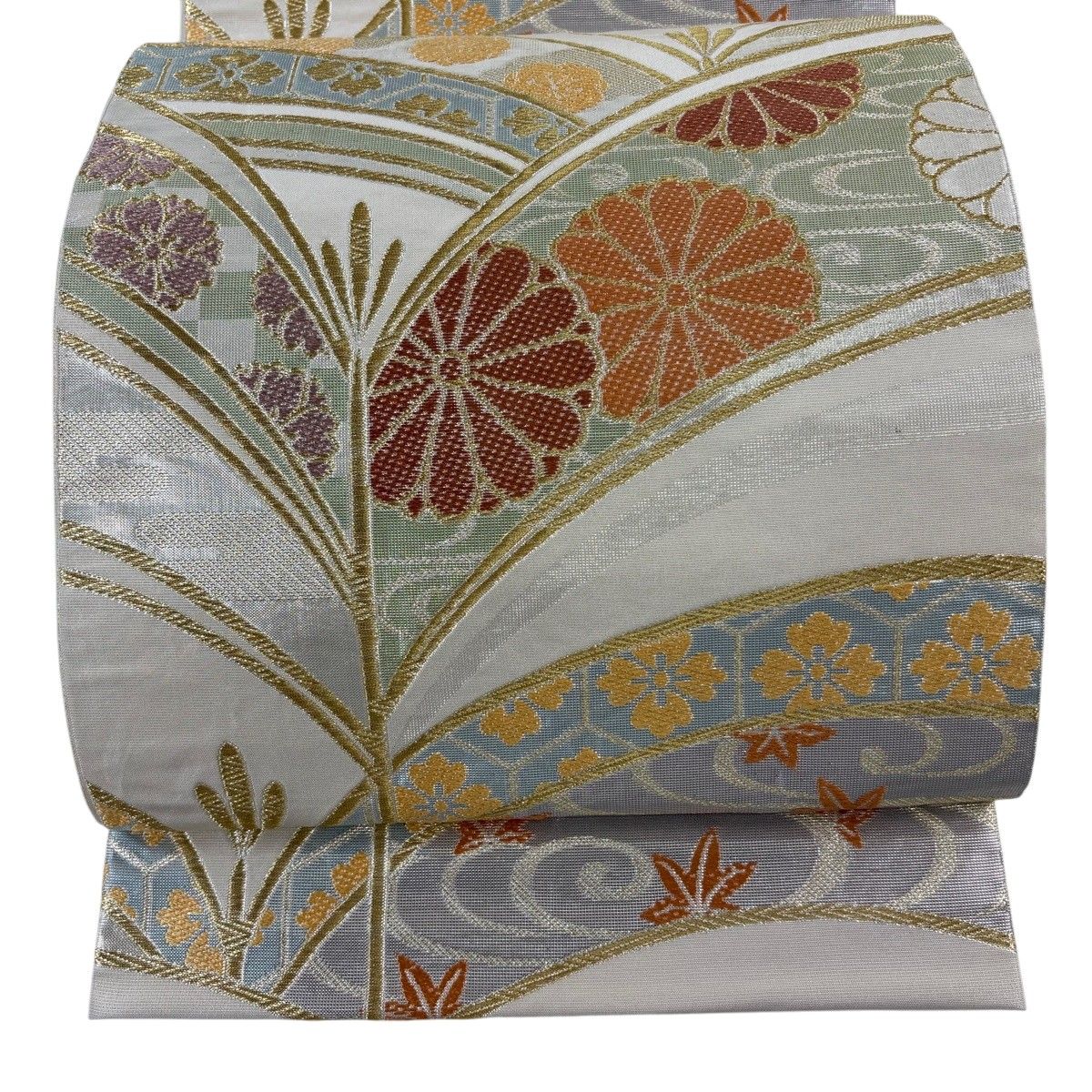 袋帯 名品 川島織物 落款 若松 草花 金糸 箔 クリーム 六通 正絹 【中古】