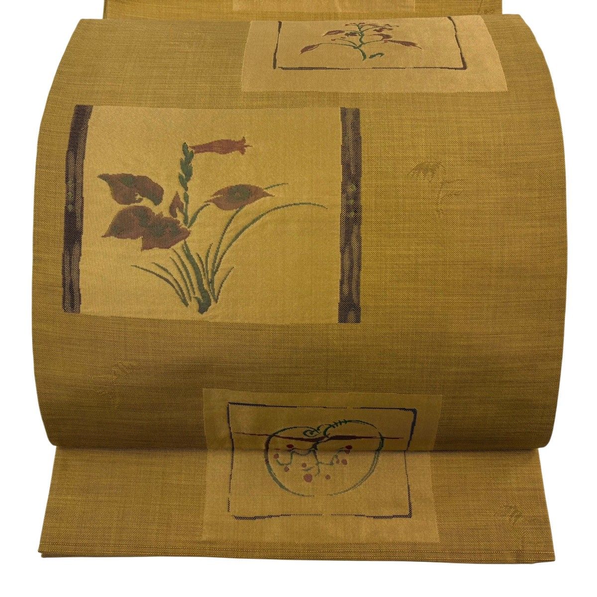 【美品】 袋帯 名品 木屋太 落款 草花 山吹茶色 六通 正絹 【中古】