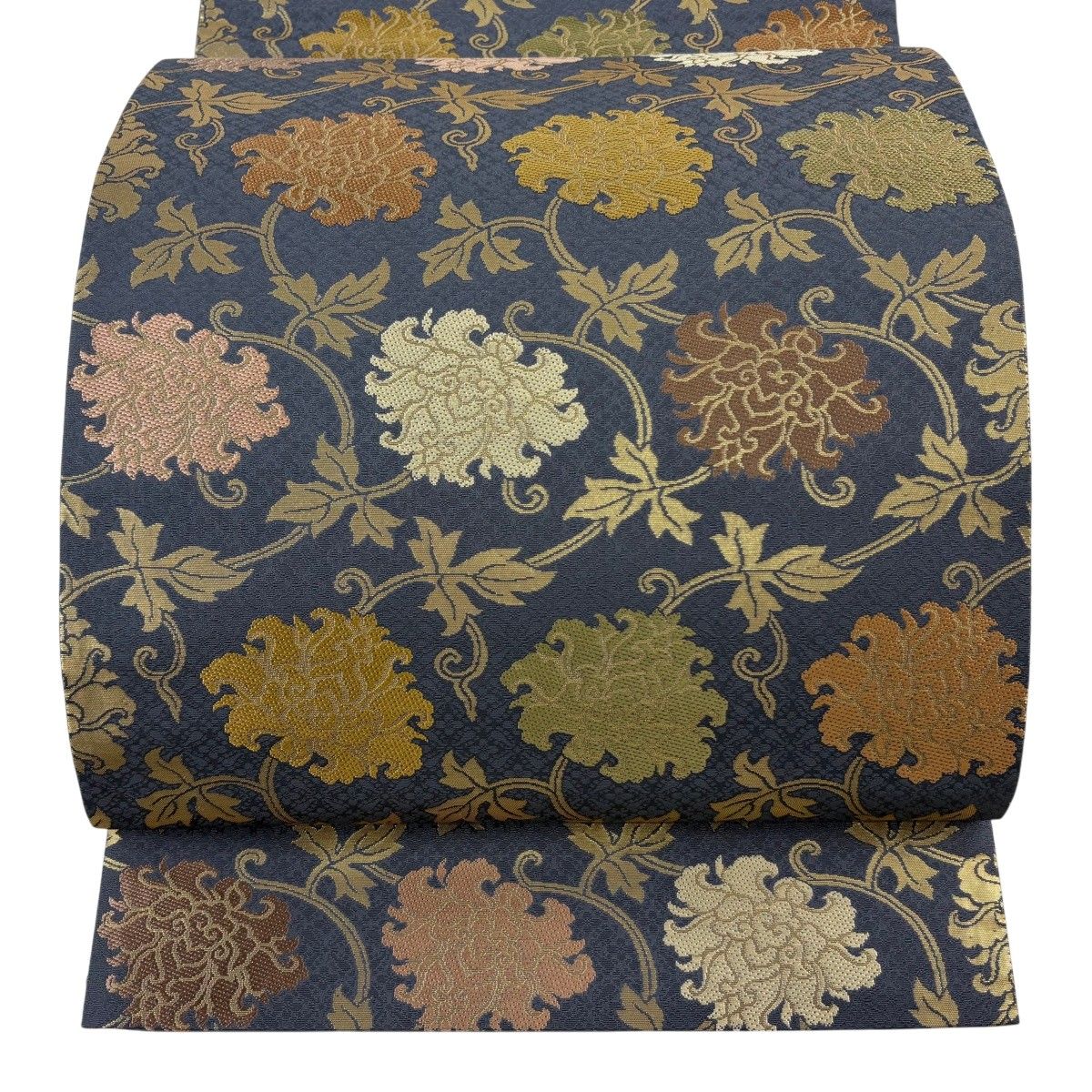 【美品】 袋帯 名品 箔屋清兵衛 落款 草木染 花唐草 箔 灰色 六通 正絹 【中古】