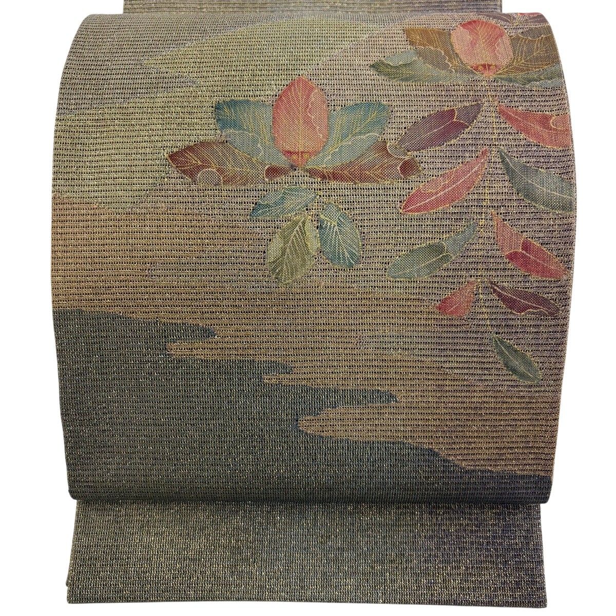 【美品】 袋帯 名品 葉柄 霞 金彩 箔 茶緑色 お太鼓柄 正絹 【中古】