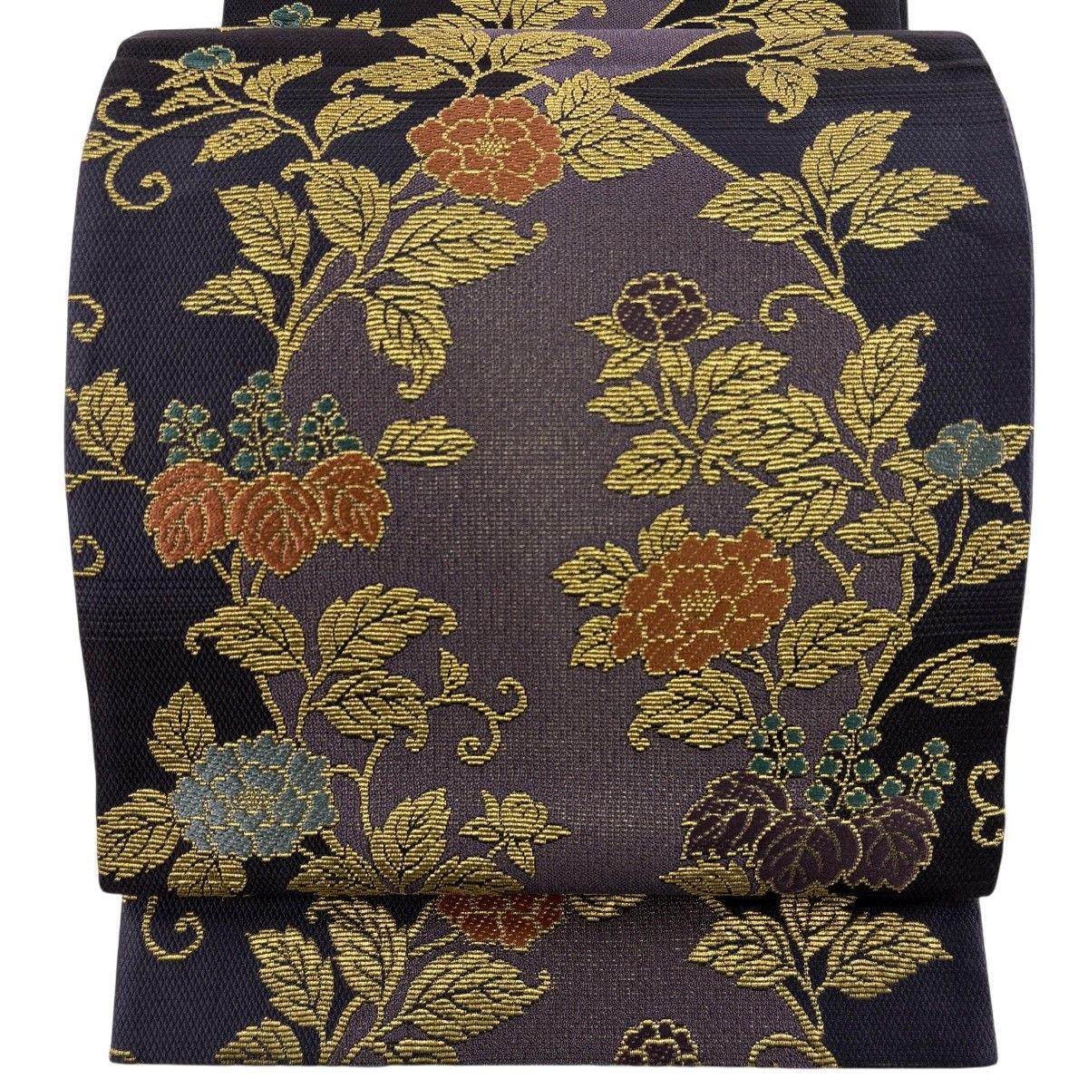 袋帯 名品 やまと 草花 桐 金糸 紫 全通 正絹 【中古】