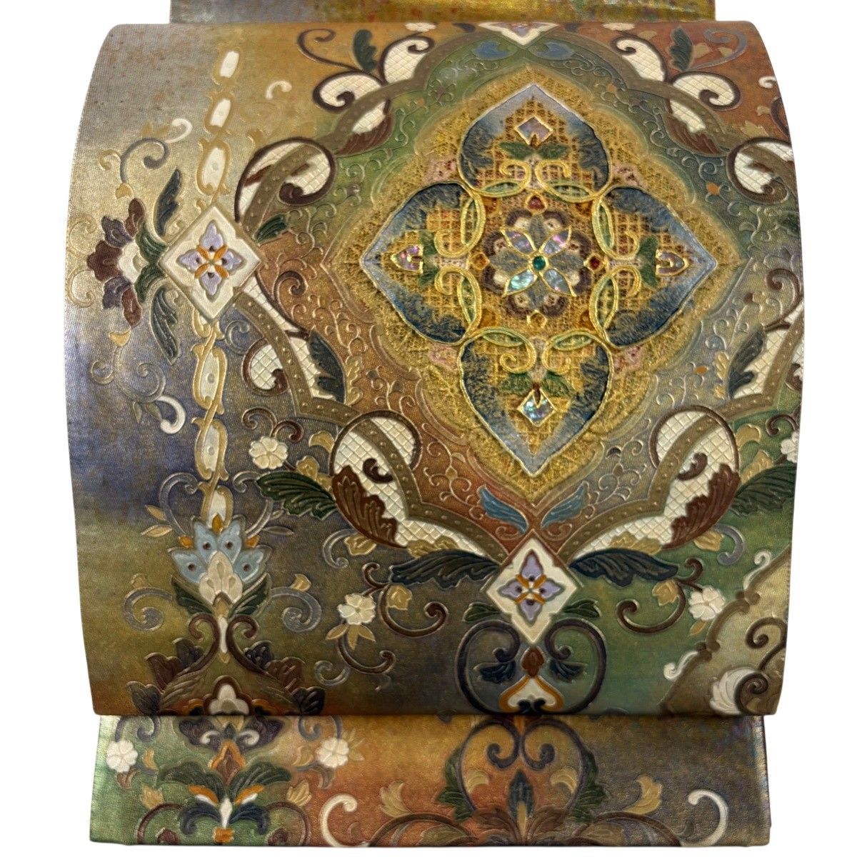 【美品】 袋帯 名品 証紙 華文 花唐草 螺鈿 金彩 金色 お太鼓柄 正絹 【中古】