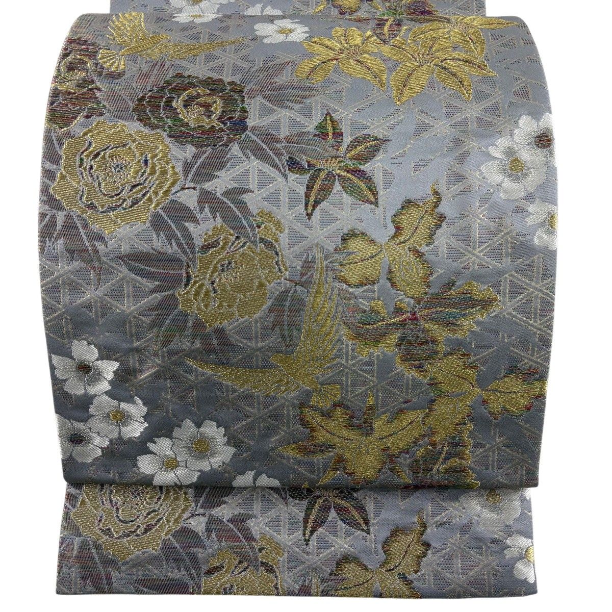 【美品】 袋帯 名品 鳥 草花 金銀糸 箔 灰色 六通 正絹 【中古】