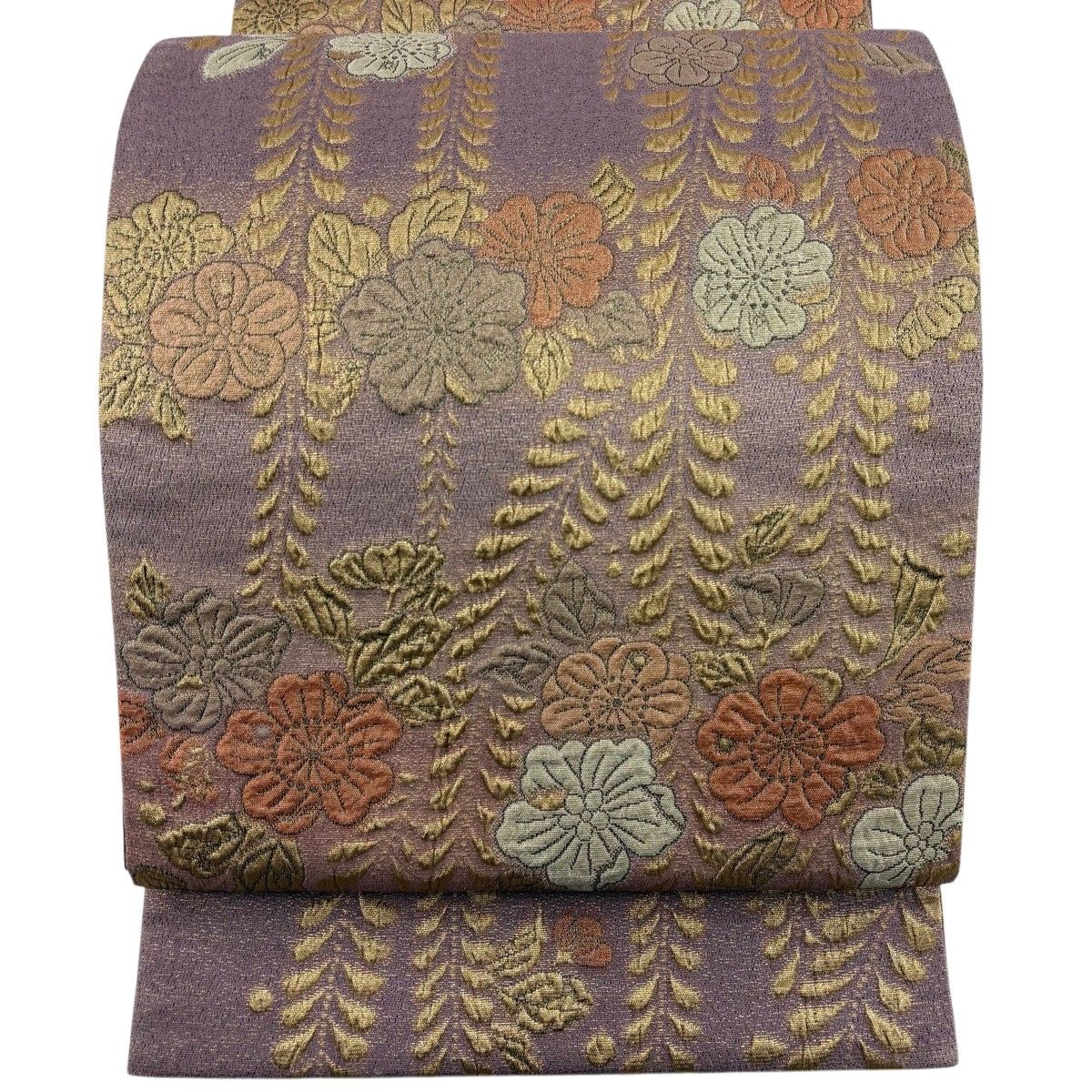 【美品】 袋帯 名品 桜 葉柄 箔 金糸 紫 六通 正絹 【中古】