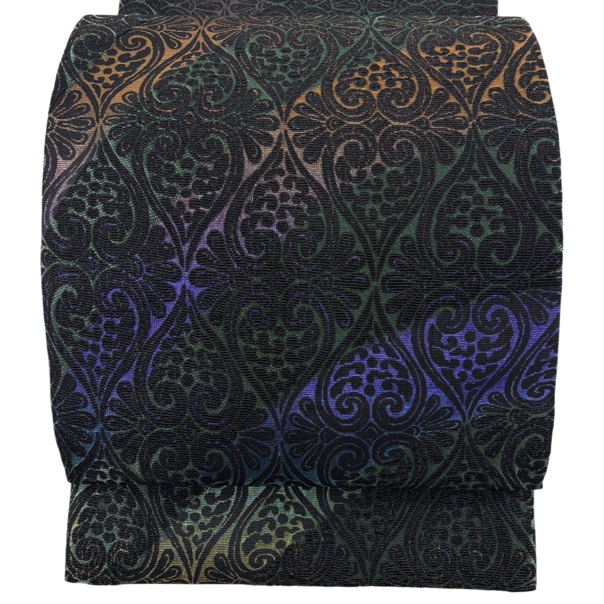 【美品】 袋帯 名品 幾何学模様 箔 灰緑 全通 正絹 【中古】