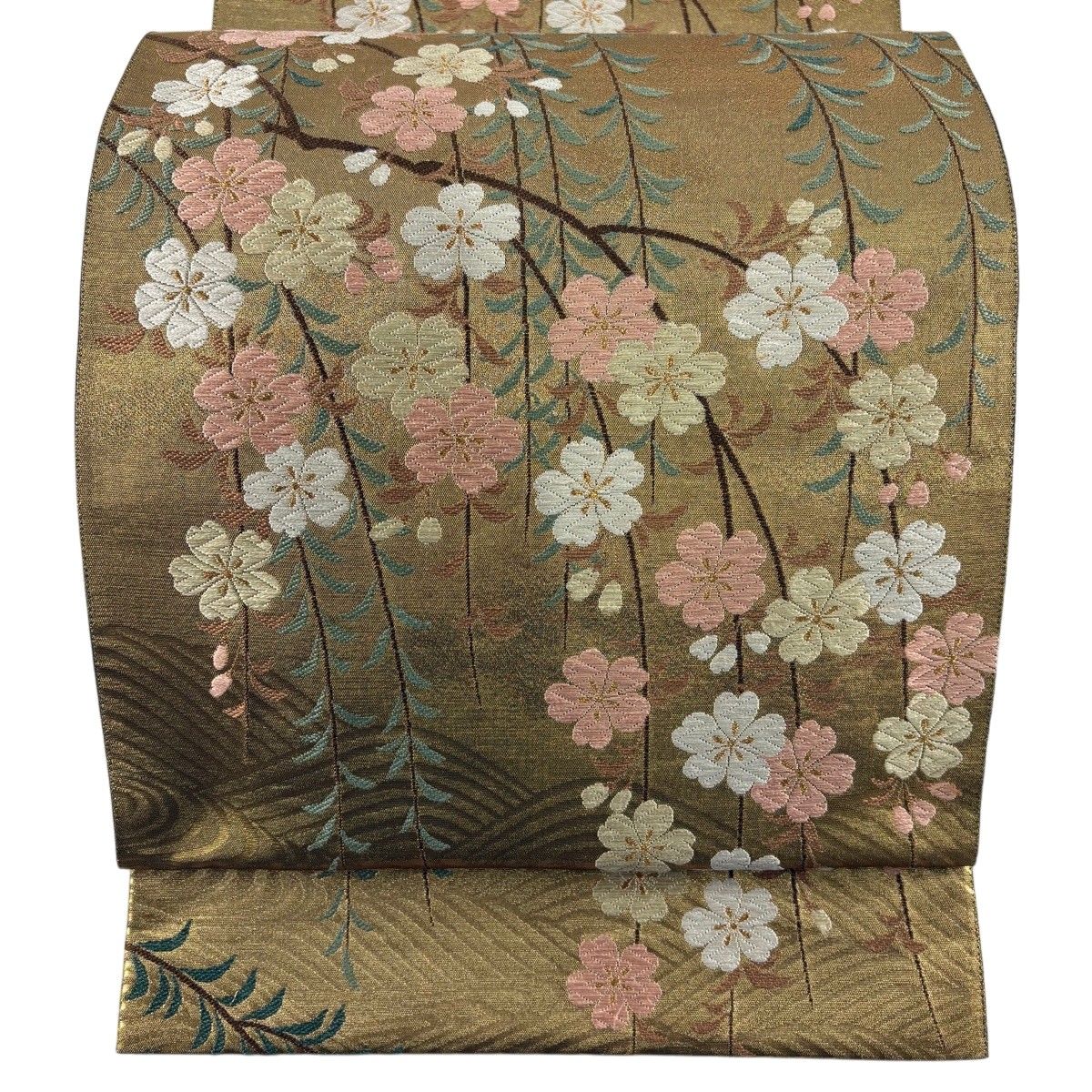 袋帯 名品 花井幸子 落款 枝垂れ桜 波 唐織 箔 金色 六通 正絹 【中古】