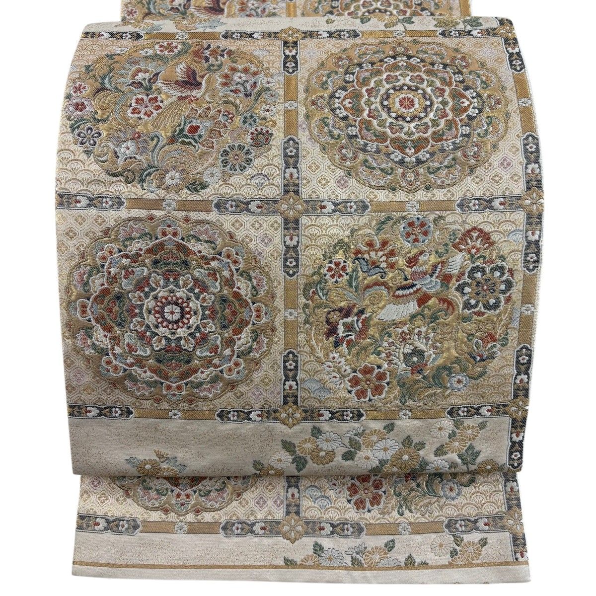 【美品】 袋帯 名品 菊花鳳凰文 箔 金糸 ベージュ 六通 正絹 【中古】