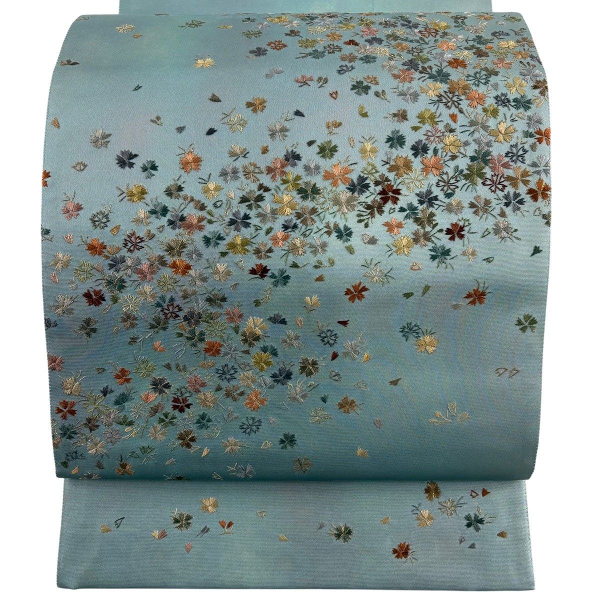 袋帯 名品 蘇州刺繍 草花 金糸 箔 青灰色 お太鼓柄 正絹 【中古】