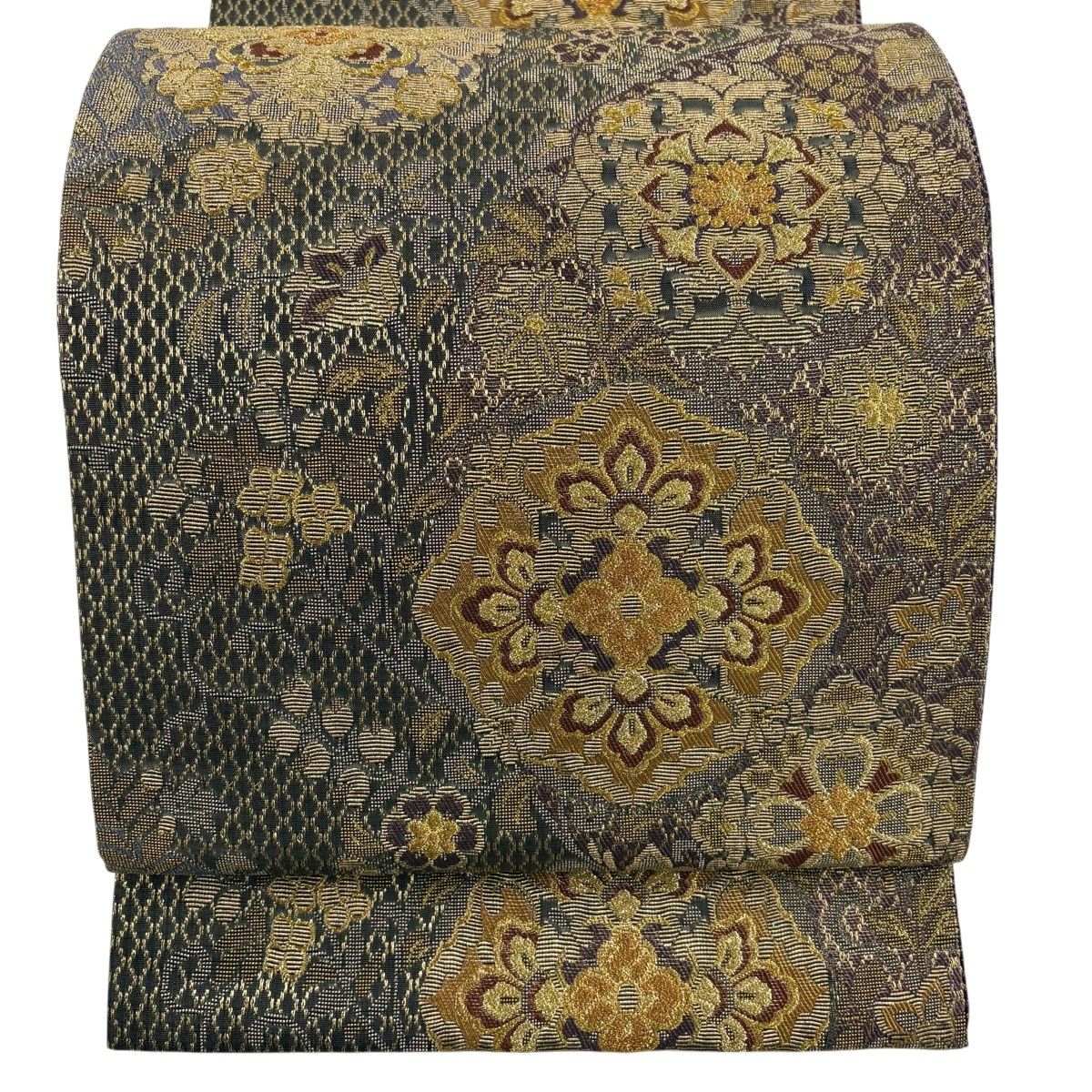 【美品】 袋帯 名品 華文 草花 輪奈織 箔 灰緑 六通 正絹 【中古】