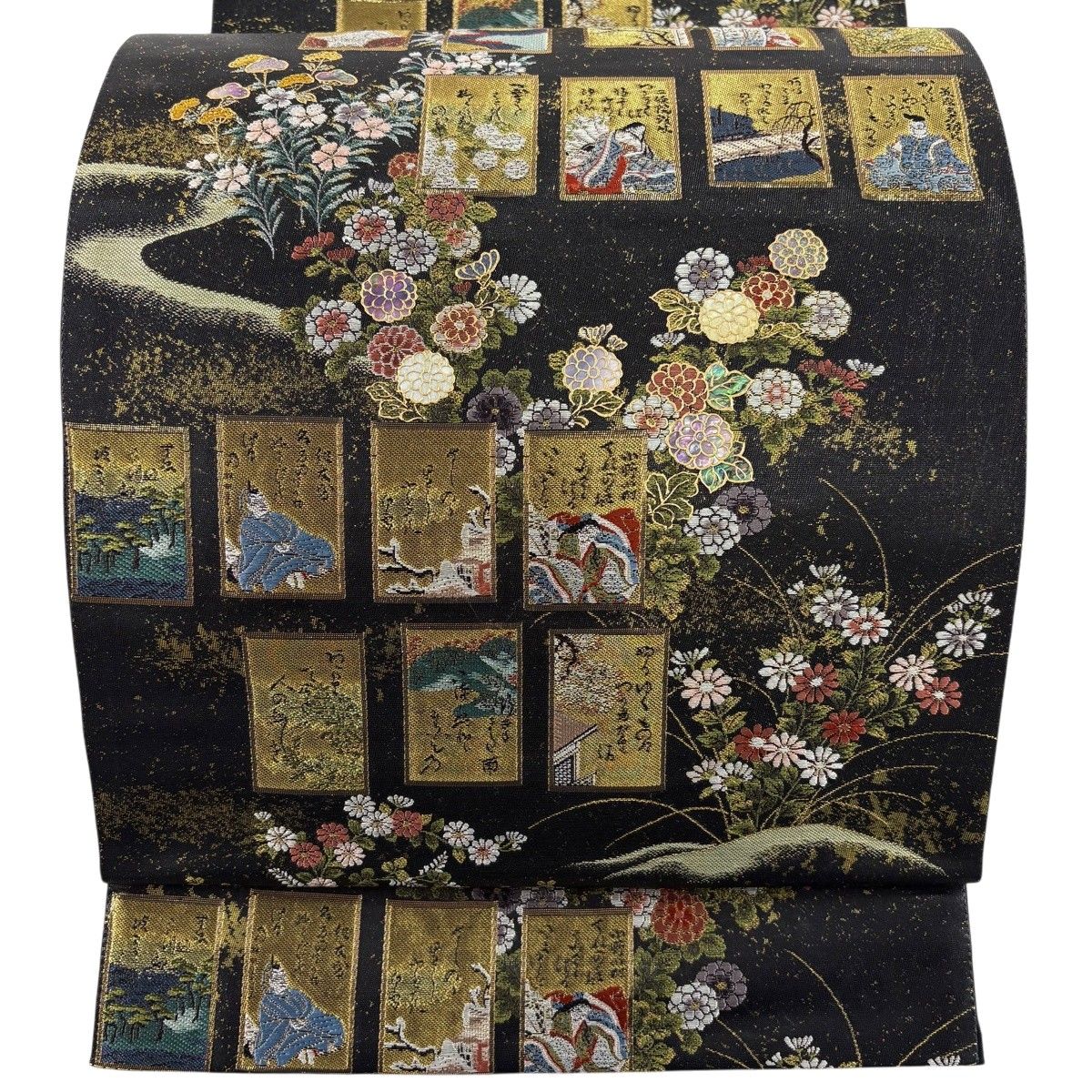 【美品】 袋帯 名品 証紙 秋草 かるた 螺鈿 箔 黒 六通 正絹 【中古】