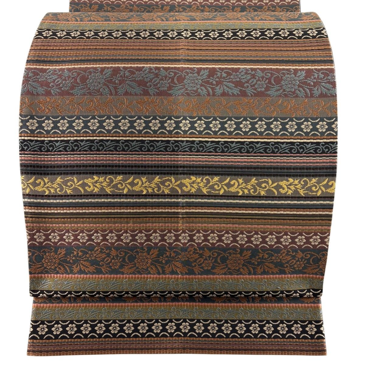袋帯 名品 花唐草 縞 小豆色 全通 正絹 【中古】