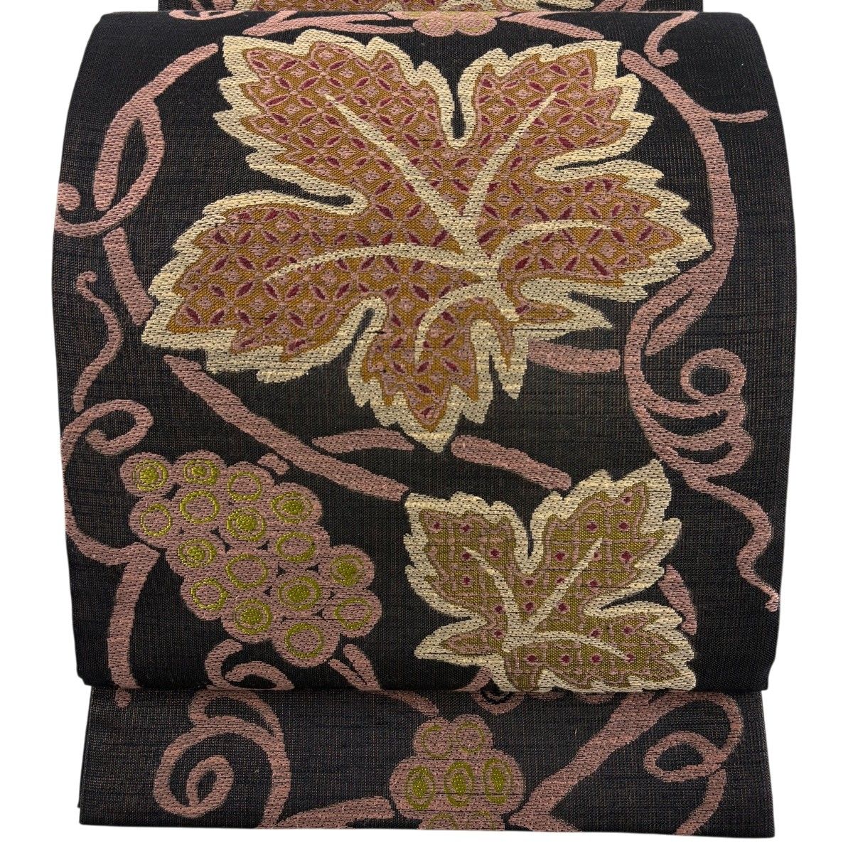 【美品】 袋帯 名品 本草木染 葡萄唐草 金糸 箔 焦茶色 六通 正絹 【中古】