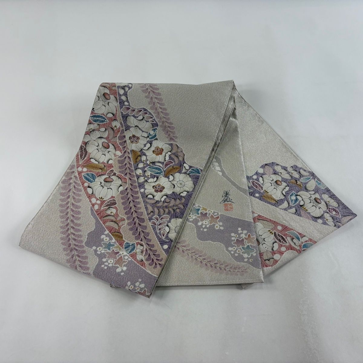 袋帯 名品 落款 関西仕立て 辻が花柄 椿 銀糸 紫 お太鼓柄 正絹 【中古】