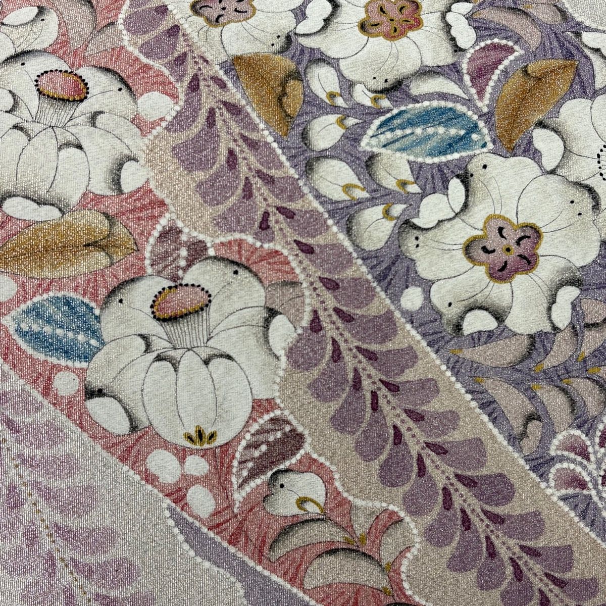 袋帯 名品 落款 関西仕立て 辻が花柄 椿 銀糸 紫 お太鼓柄 正絹 【中古】