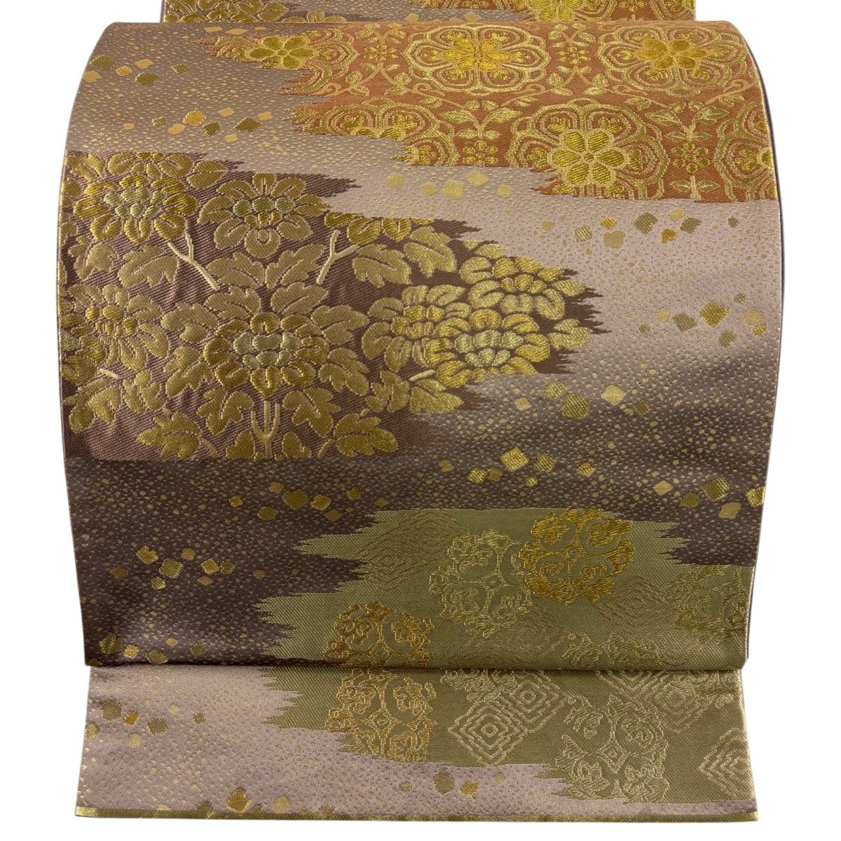 【美品】 袋帯 名品 落款 本家加納 関西仕立て 草花 華文 金糸 箔 灰紫 六通 正絹 【中古】