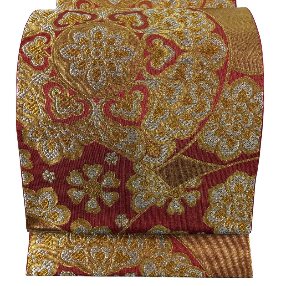 【美品】 袋帯 名品 川島織物 落款 華文 花 金銀糸 箔 朱色 六通 正絹 【中古】