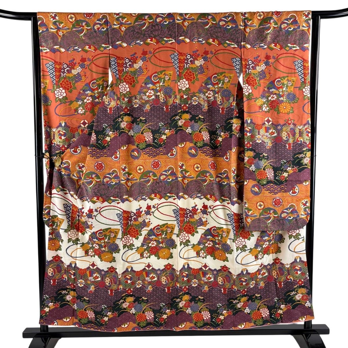 振袖 身丈155cm 裄丈63.5cm S 袷 桧扇 草花 金糸 金彩 オレンジ 正絹 名品 【中古】