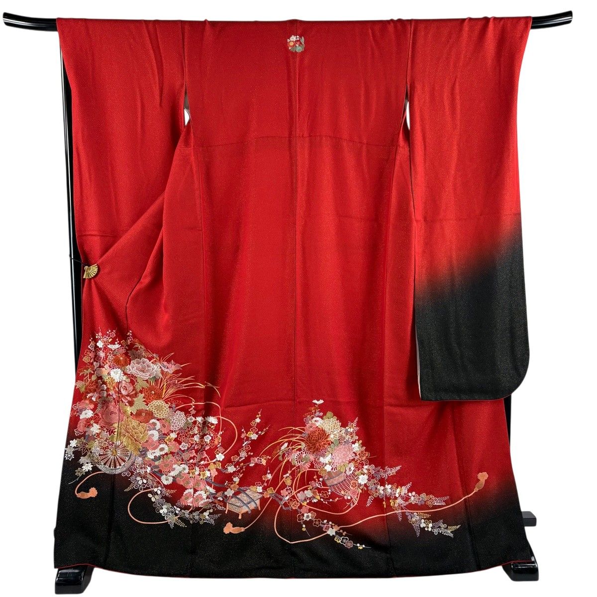 【美品】 振袖 身丈170.5cm 裄丈69.5cm L 袷 花車 秋草 金通し 刺繍 赤 正絹 名品 三つ紋 【中古】