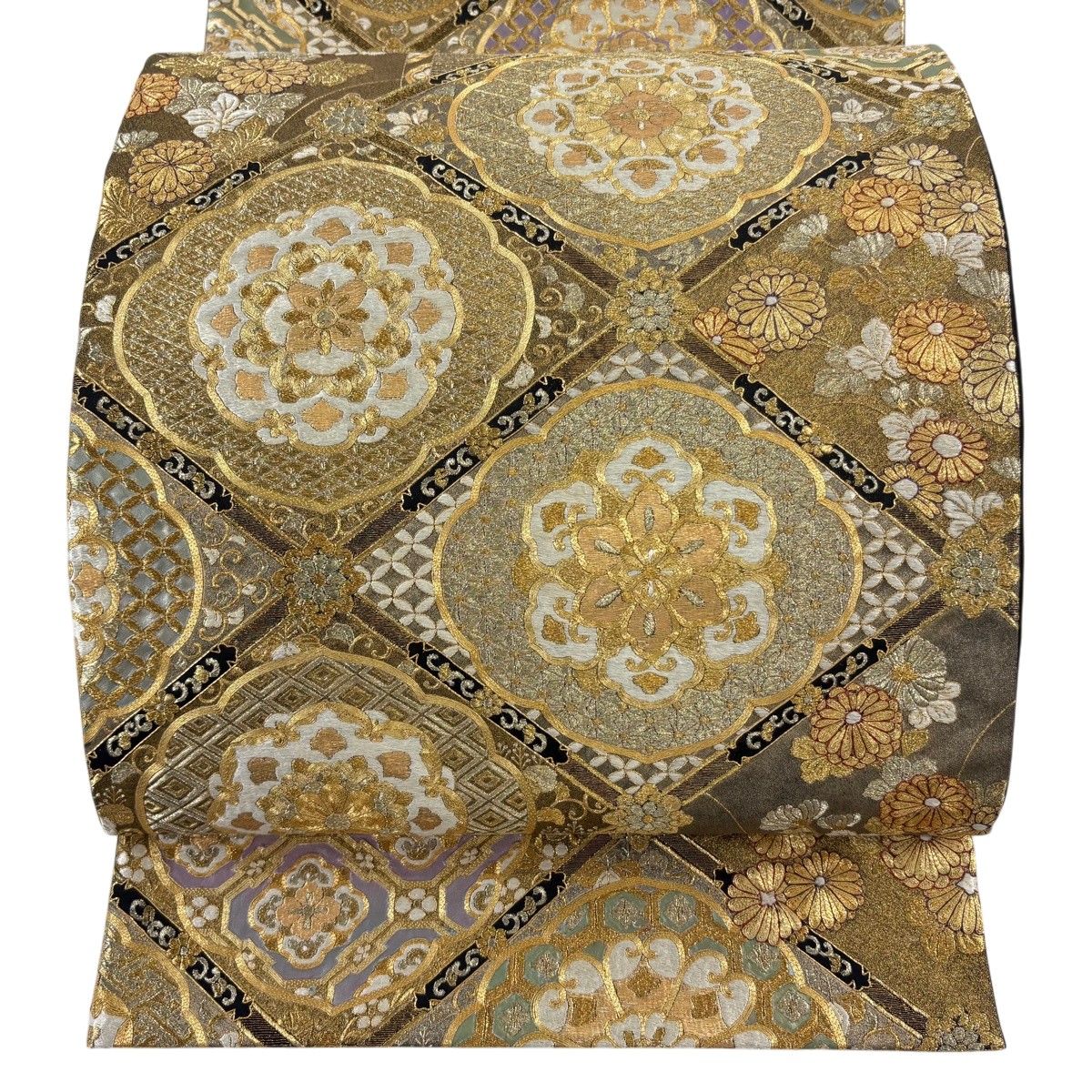 【美品】 袋帯 逸品 華文 菱天井 刺繍 金糸 金色 お太鼓柄 正絹 【中古】