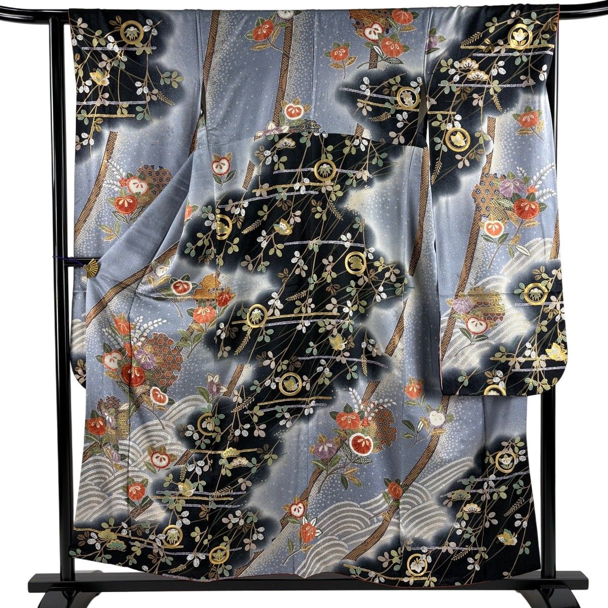 振袖 身丈156.5cm 裄丈65cm M 袷 橘花 波 金糸 金彩 青灰色 正絹 秀品 【中古】 6,160円