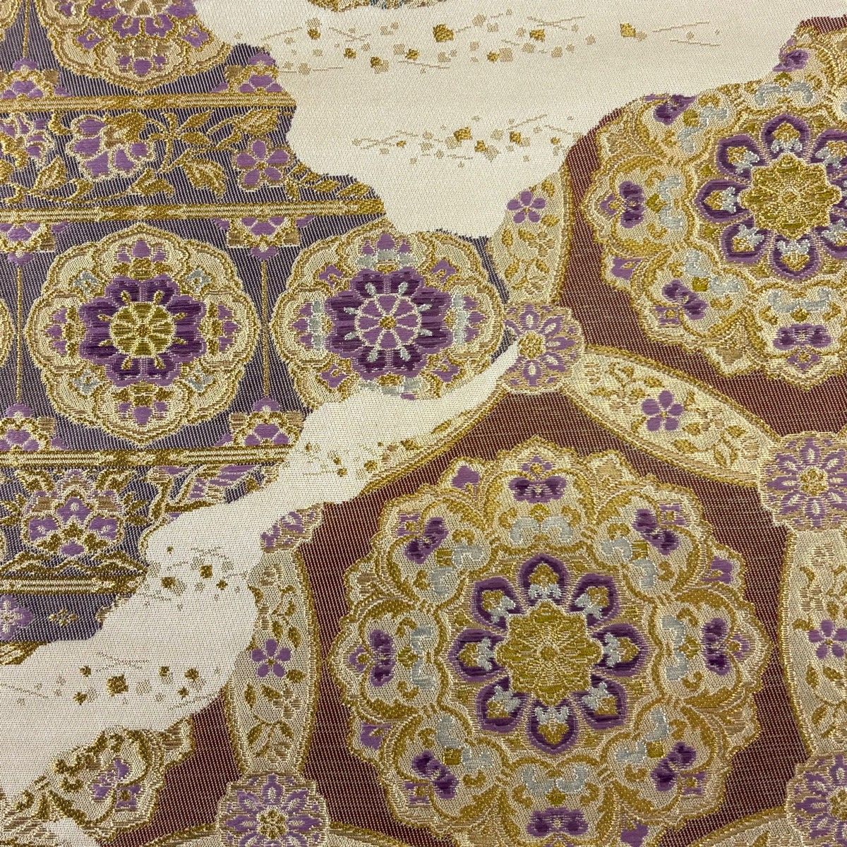 美品】 袋帯 逸品 じゅらく 落款 帝王紫 華文 松竹梅 金銀糸 箔 金色