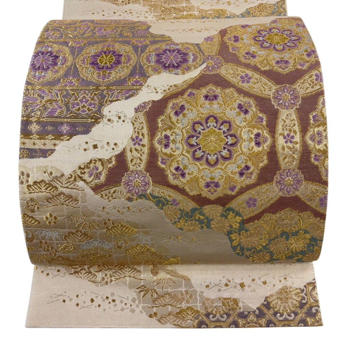 【美品】 袋帯 逸品 じゅらく 落款 帝王紫 華文 松竹梅 金銀糸 箔 金色 お太鼓柄 正絹 【中古】