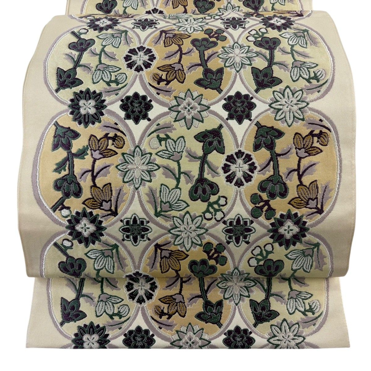 【美品】 袋帯 秀品 鈴乃屋 草花 唐織 ベージュ 六通 正絹 【中古】 7,040円
