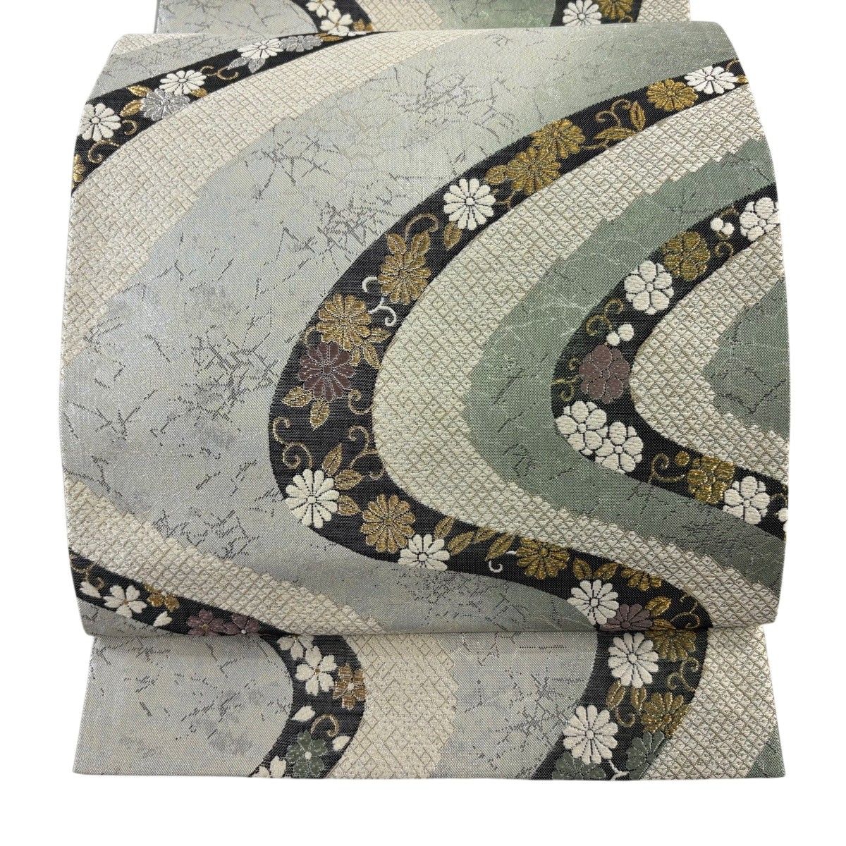 【美品】 袋帯 秀品 菊唐草 流水 金銀糸 箔 薄緑 六通 正絹 【中古】 7,040円