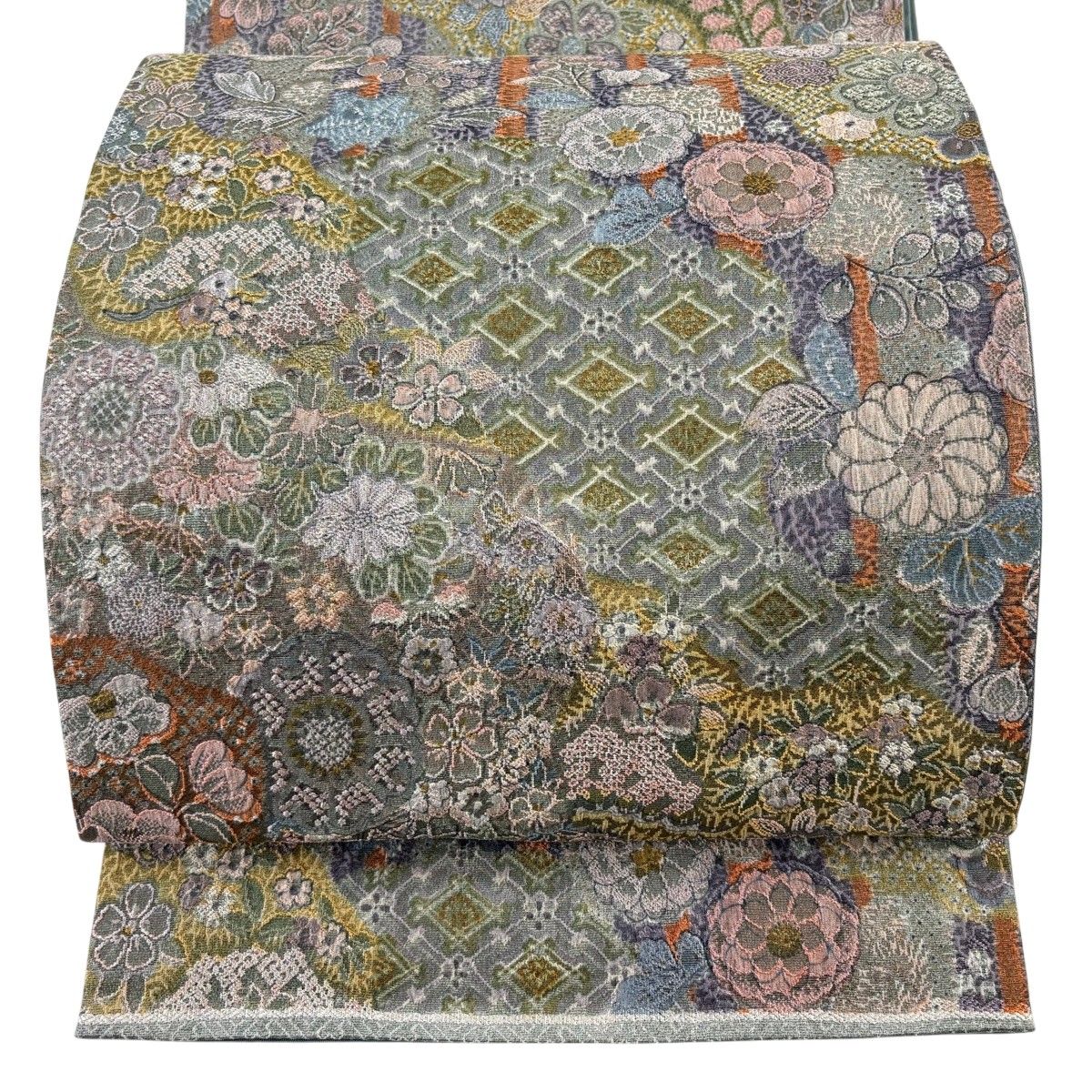 【美品】 袋帯 秀品 関西仕立て 草花 道長取り 灰緑 全通 正絹 【中古】 6,336円