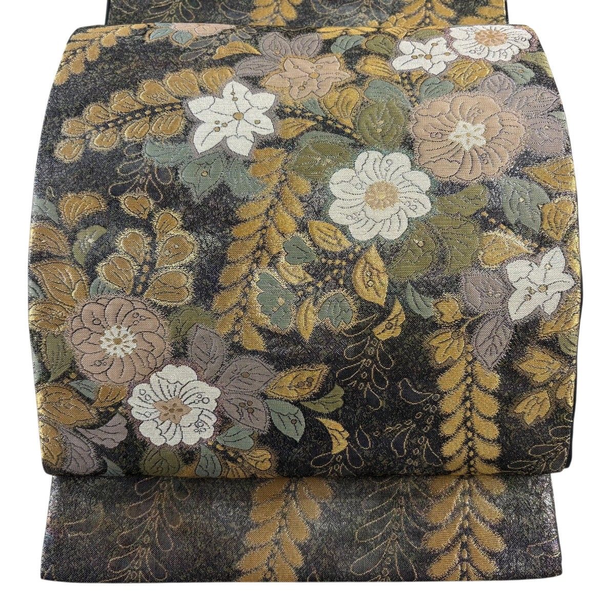 【美品】 袋帯 秀品 辻が花 藤 箔 金糸 黒灰 お太鼓柄 正絹 【中古】