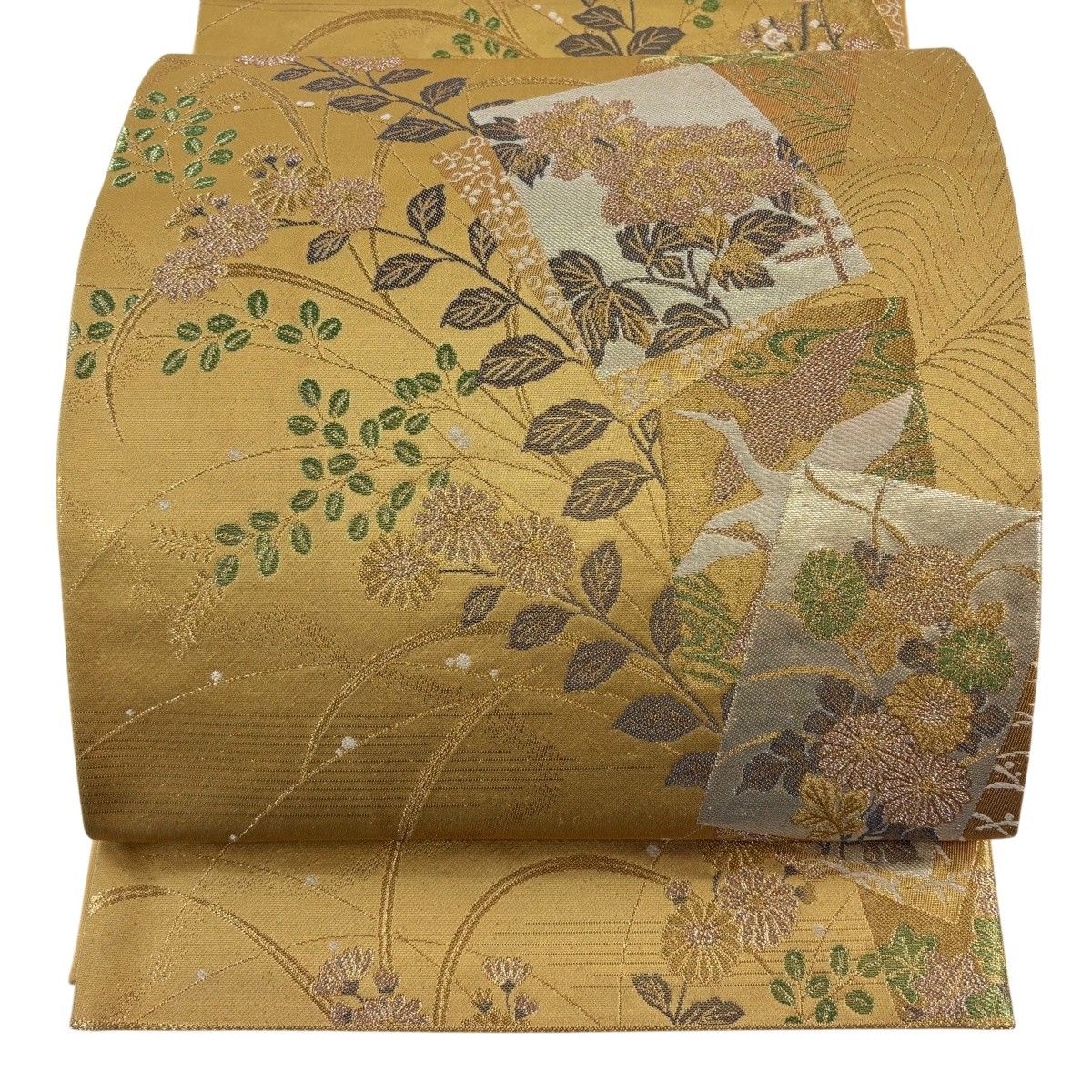 【美品】 袋帯 秀品 色紙 草花 金糸 箔 からし色 六通 正絹 【中古】