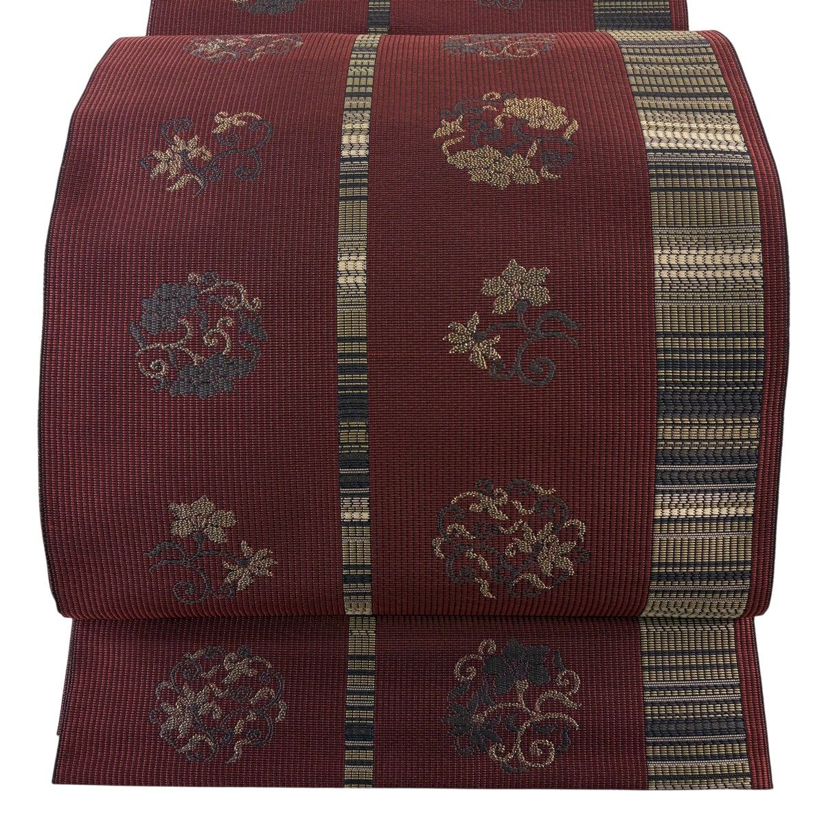 【美品】 袋帯 秀品 草花 縞 箔 えんじ色 全通 正絹 【中古】