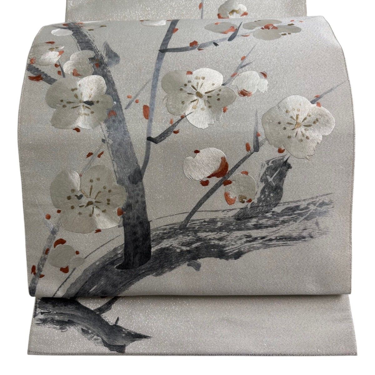 【美品】 袋帯 秀品 中国蘇州刺繍 枝梅 金糸 箔 灰白 お太鼓柄 正絹 【中古】 6,336円