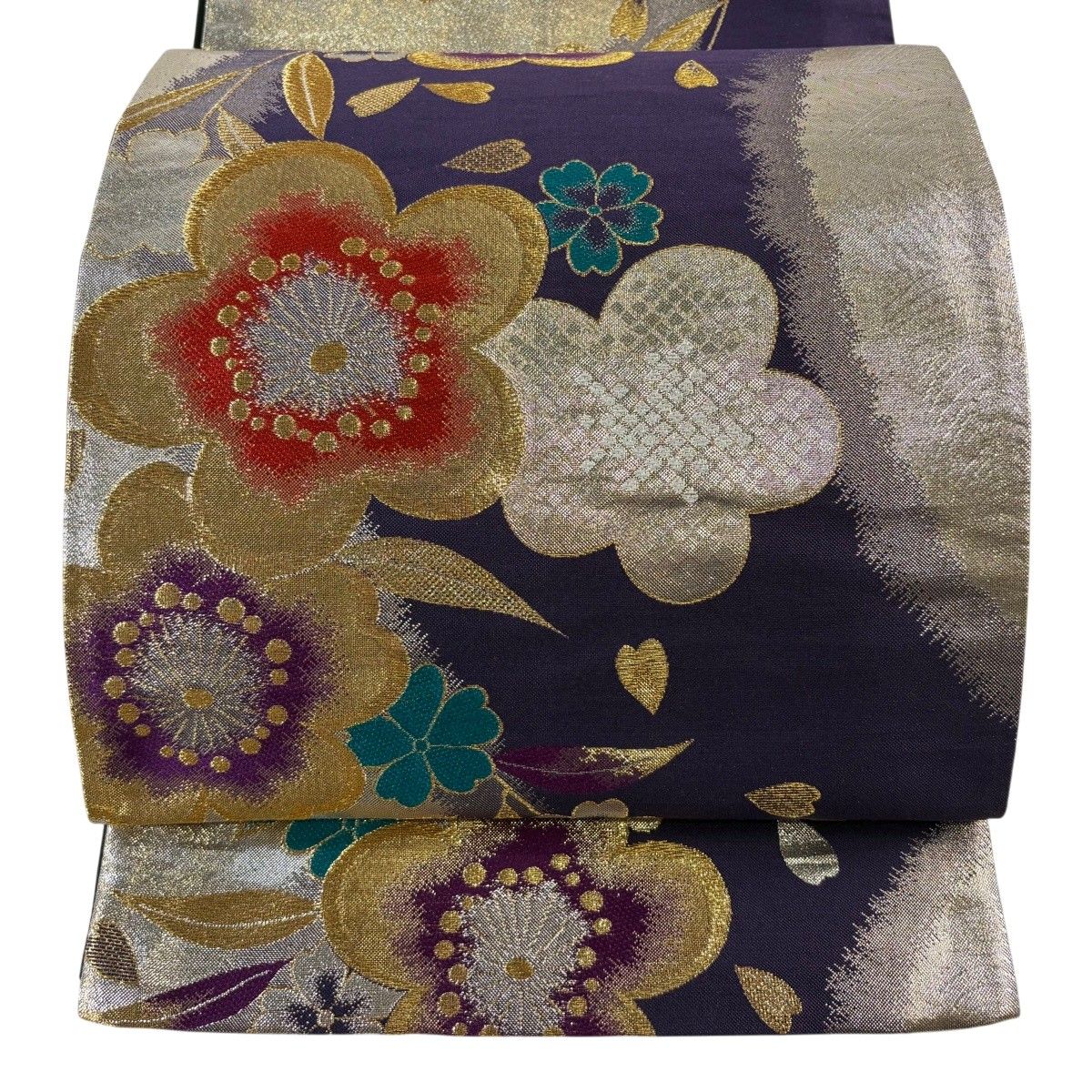 【美品】 袋帯 秀品 証紙 振袖向き 桜 流水 金糸 箔 金色 六通 正絹 【中古】