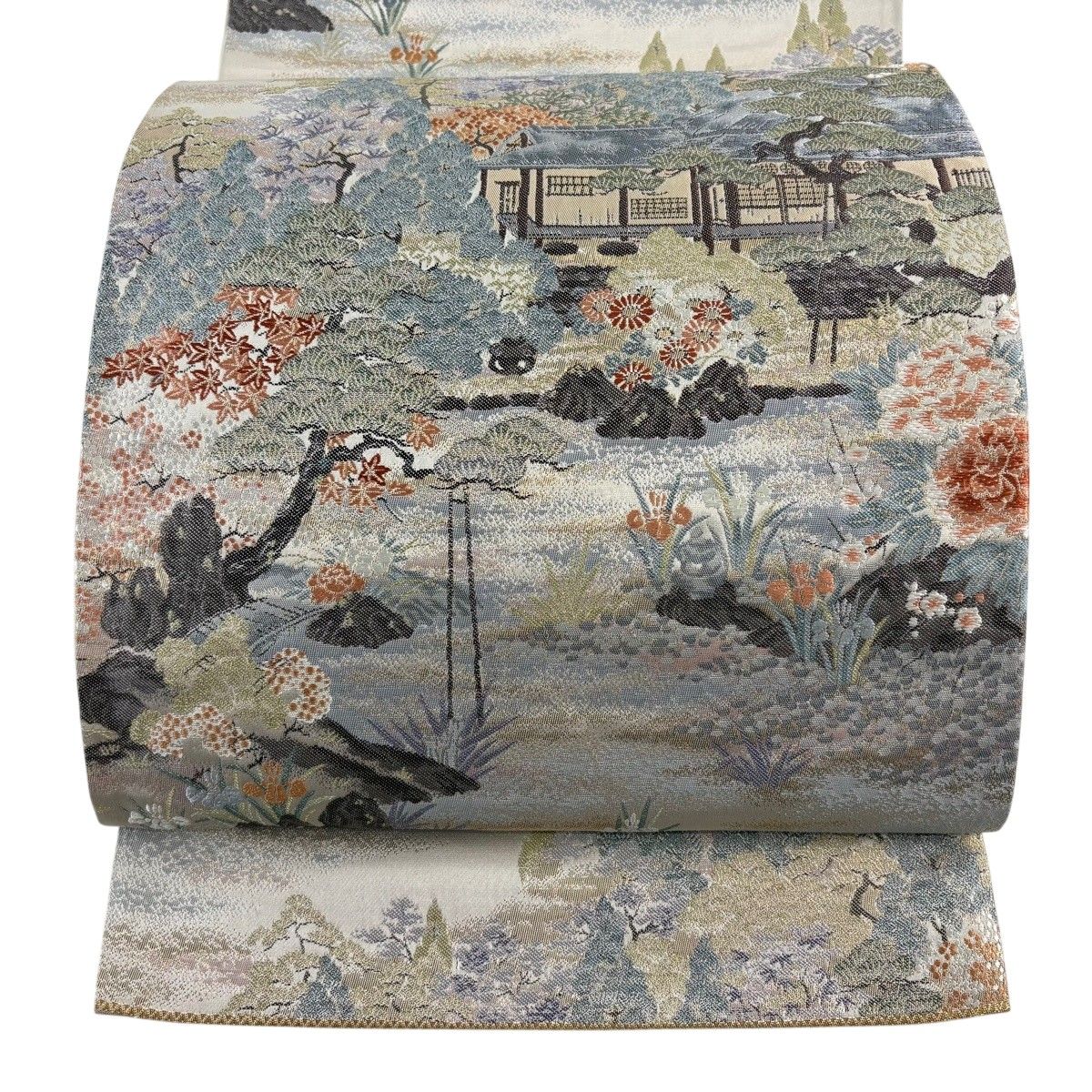 【美品】 袋帯 秀品 関西仕立て 本金 京百景 桂離宮 風景 建物 箔 灰色 六通 正絹 【中古】