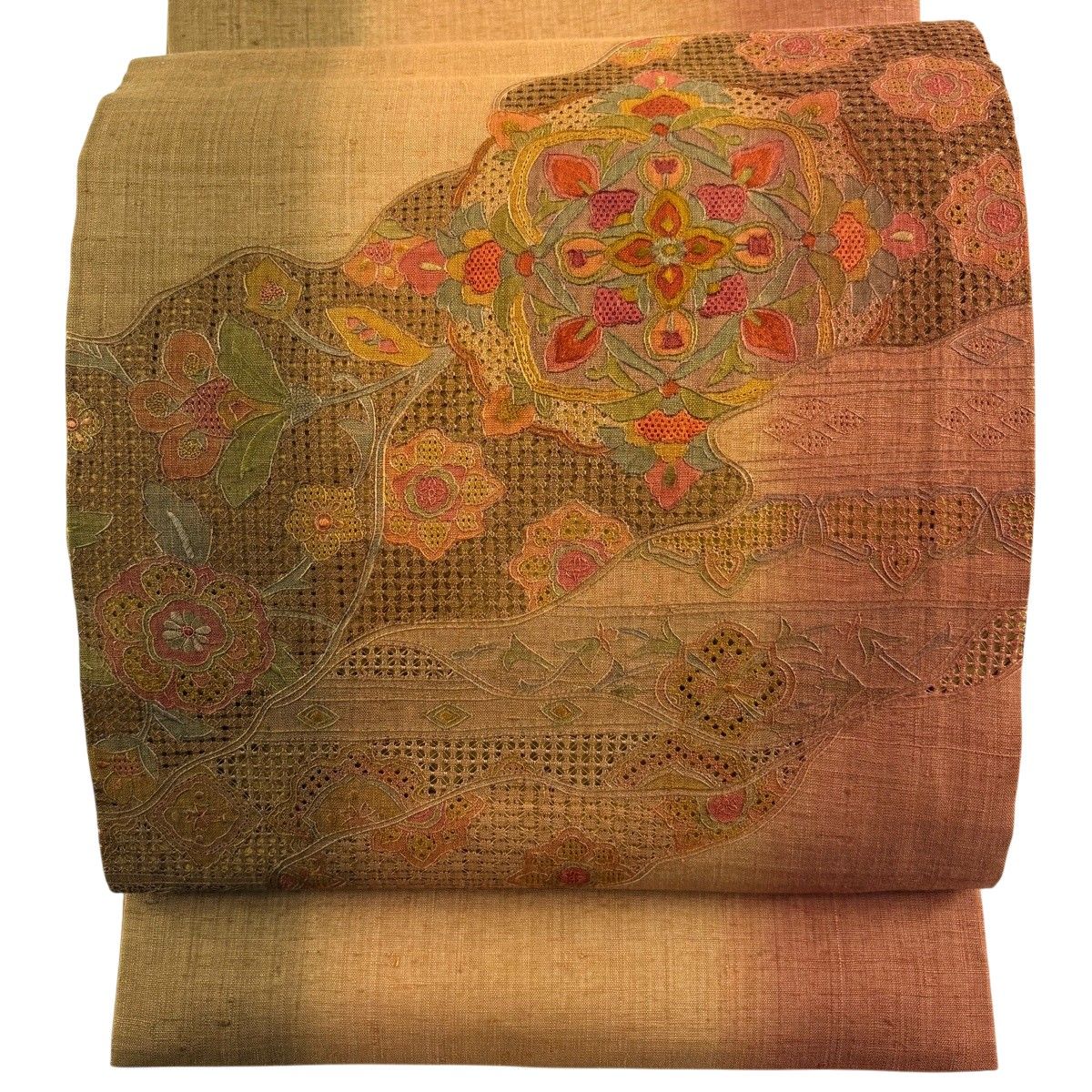 【美品】 袋帯 秀品 紬地 華文 草花 刺繍 赤茶 お太鼓柄 正絹 【中古】
