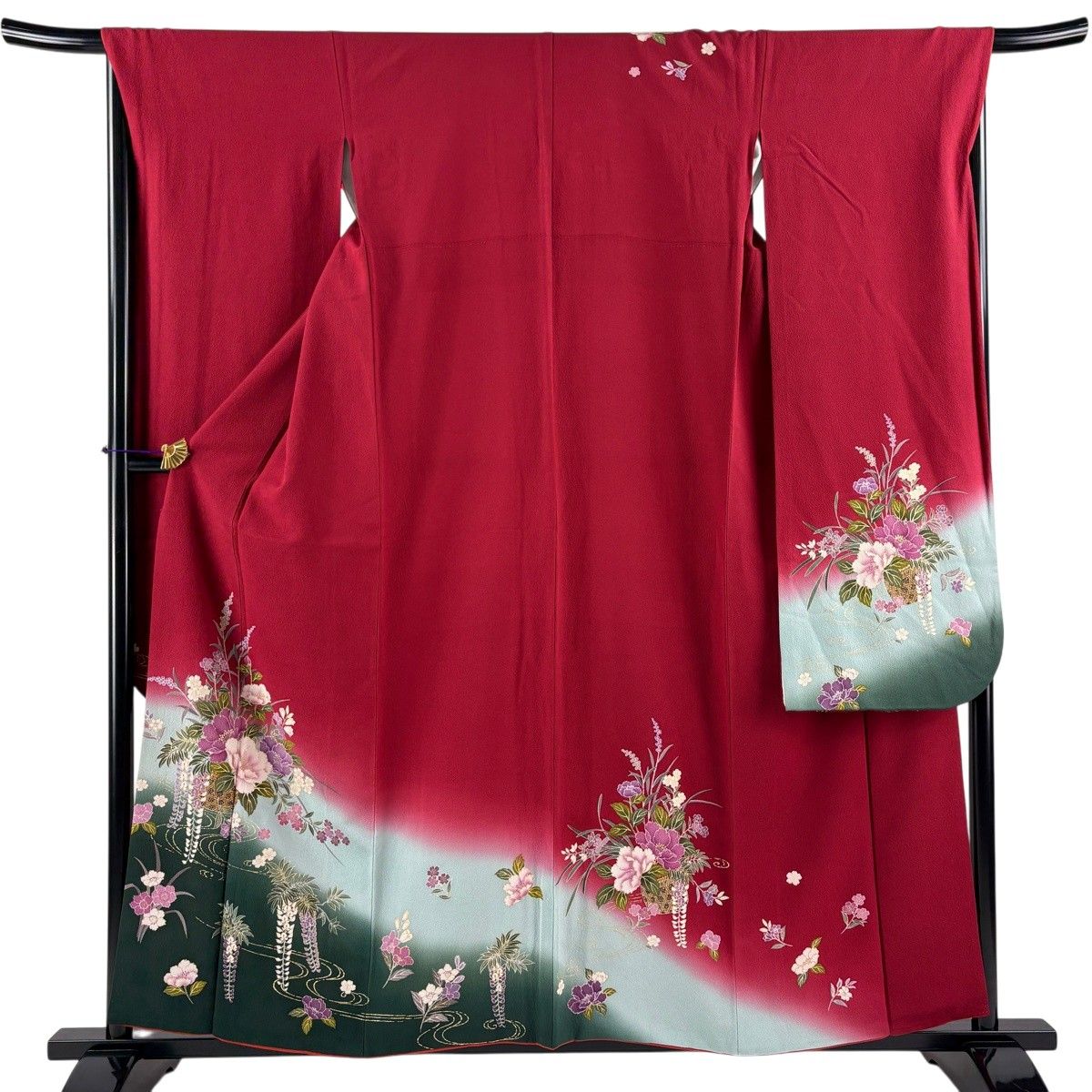 振袖 身丈158cm 裄丈68cm L 袷 鈴乃屋 花籠 流水 金彩 染め分け 赤 正絹 秀品 【中古】 6,600円