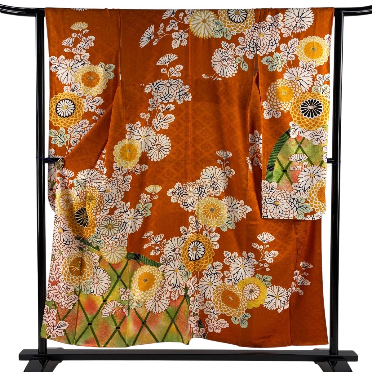 【美品】 振袖 身丈153cm 裄丈63cm S 袷 菊 光悦垣 金糸 金彩 オレンジ 正絹 秀品 【中古】振袖
