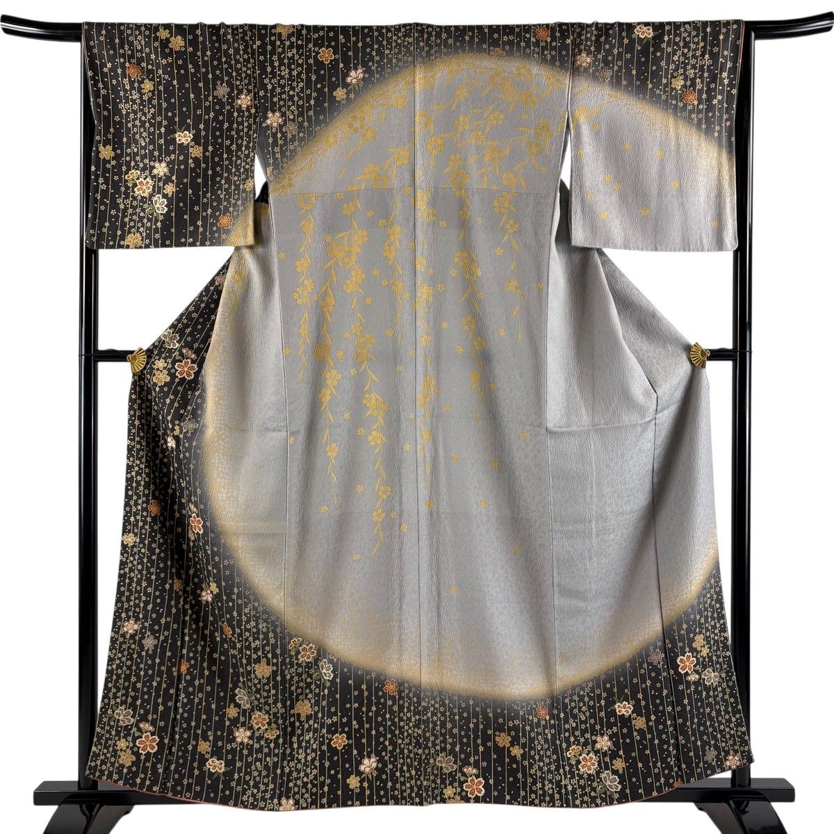 訪問着 身丈158.5cm 裄丈66cm M 袷 枝垂れ桜 縞 金彩 墨色 正絹 秀品 【中古】 6,160円